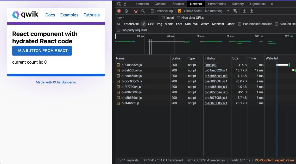 A screenshot of a Qwik app with a hydrated React component and the devtools network pane on the right side.